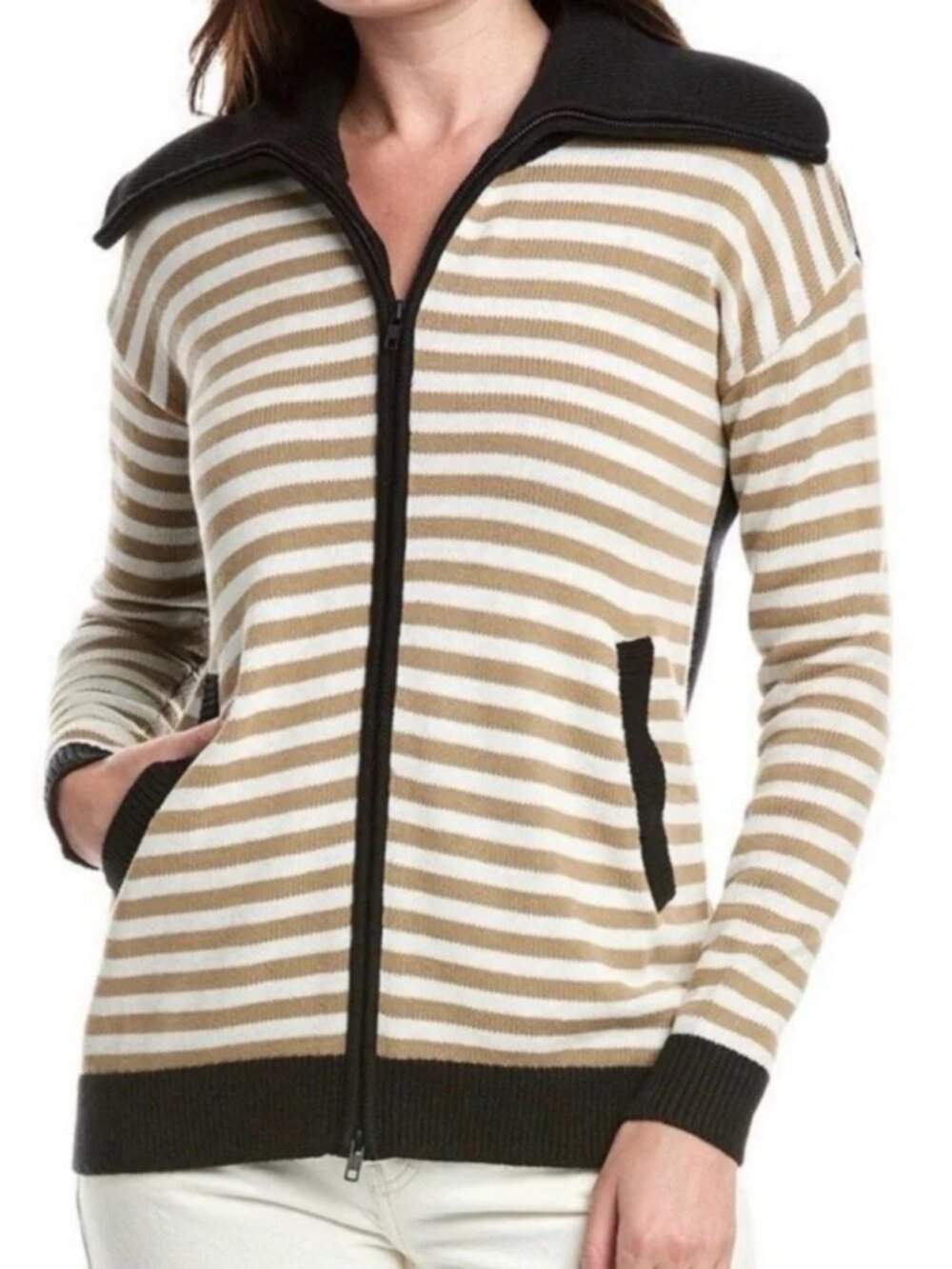 CAbi Cardigan Sweater Jacket S Zip Front Wide Collar Knit Nautical Preppy Travel